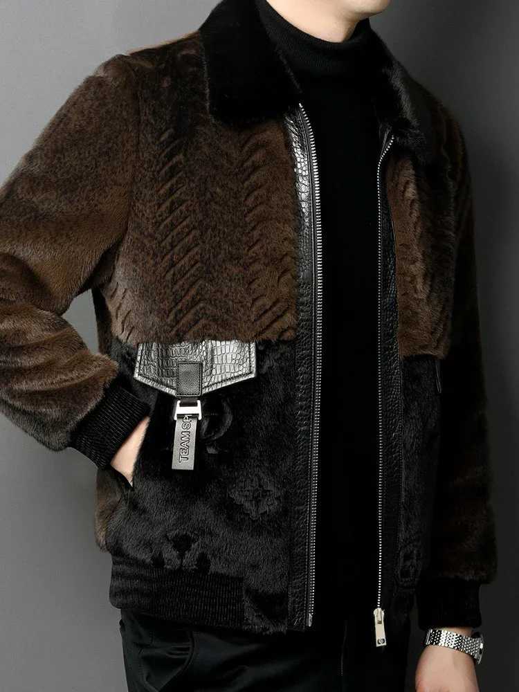 2024 Winter Mens Fashion Authentic Fur Warm Jacket Mens Collar Patch Work Jacket Mens Genuine Fur Casual Jacket F467 W241213