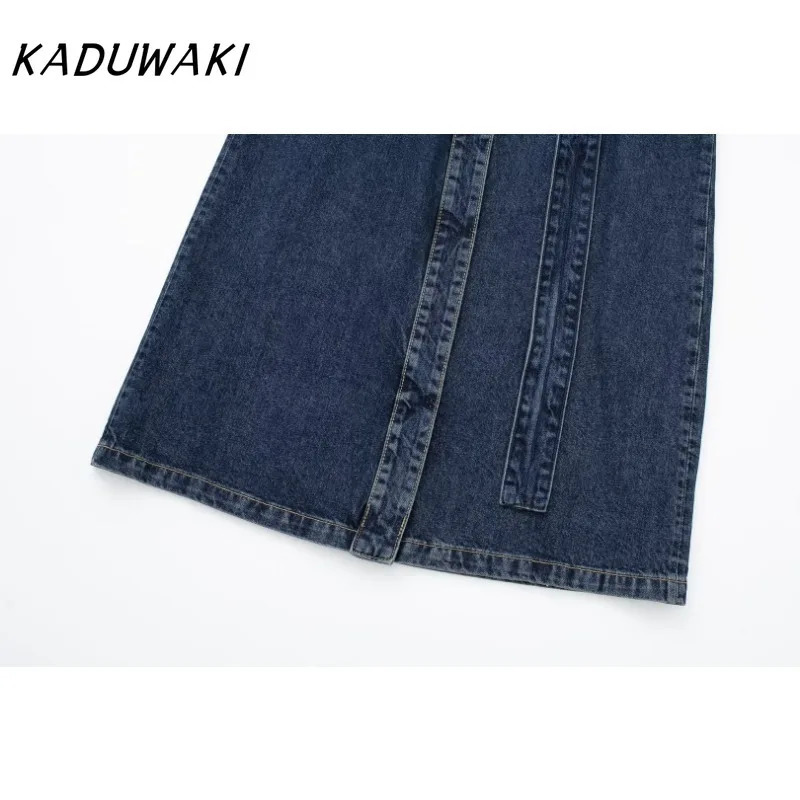 KADUWAK Fashion Retro Collar Long Sleeve Cowboy Trench Coat Trend Splicing Belt Matching 241211