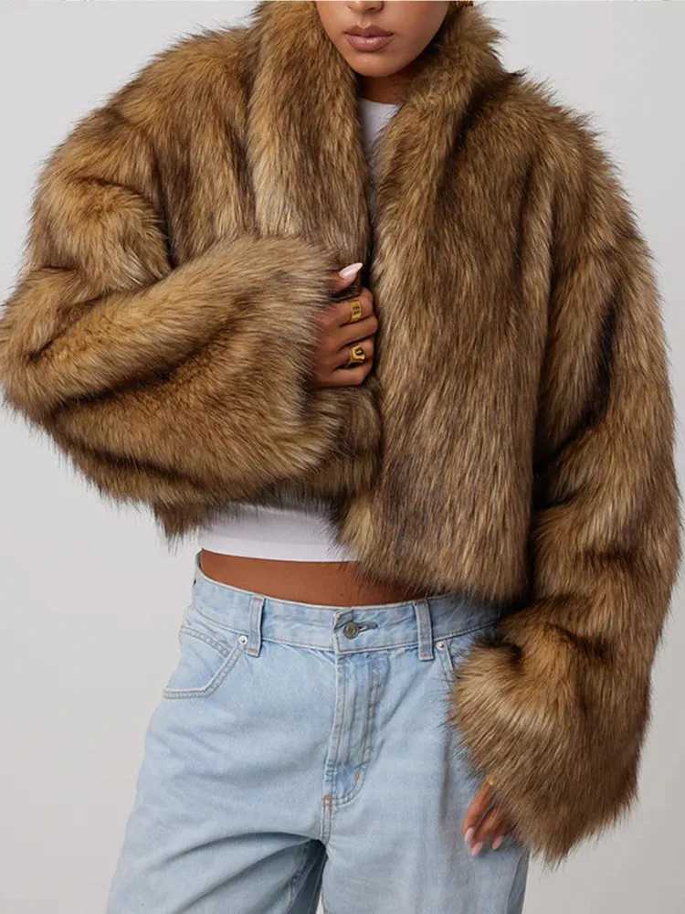 Vintage Faux Fur Coat Women Fashion Round Neck Long Se Furry Warm Cropped Jacket Winter Girls Short Fluffy Strt Outerwear X241214