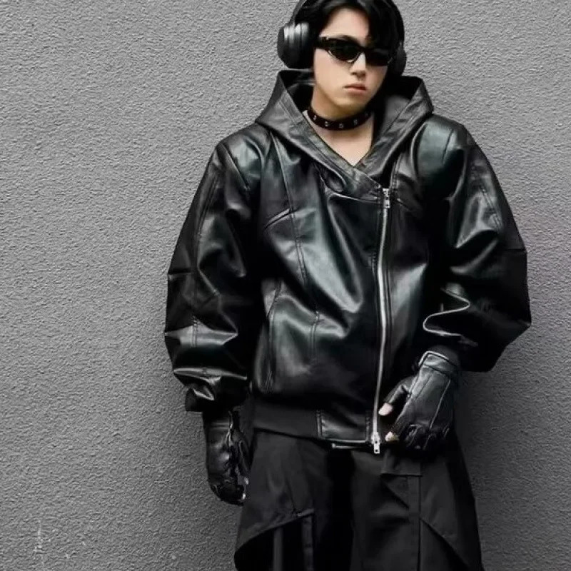 Spring Autumn Korean Style Zippered Hooded PU Leather Jacket Trendy High Street Black Leather Jacket For Men Casual Loose Type