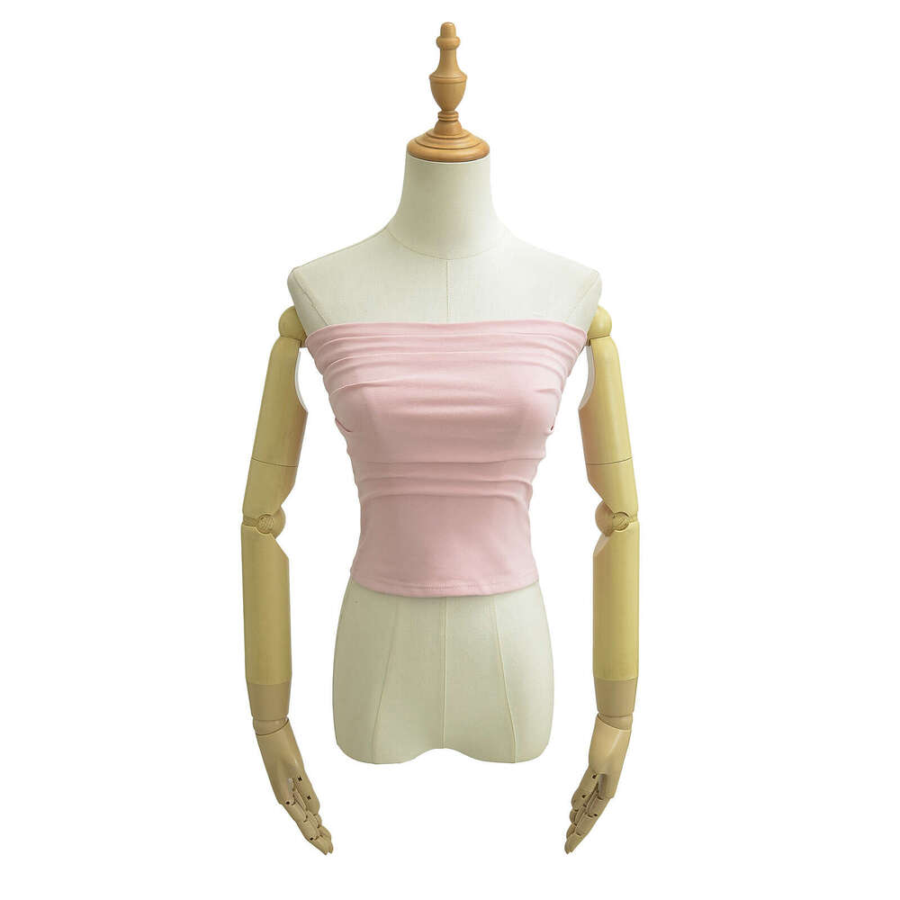 Spicy girl sexy pleated slim fit with a one neck chest hing vest, women's elastic tight short sleeved strapless vest top, 2024 versatile new tren