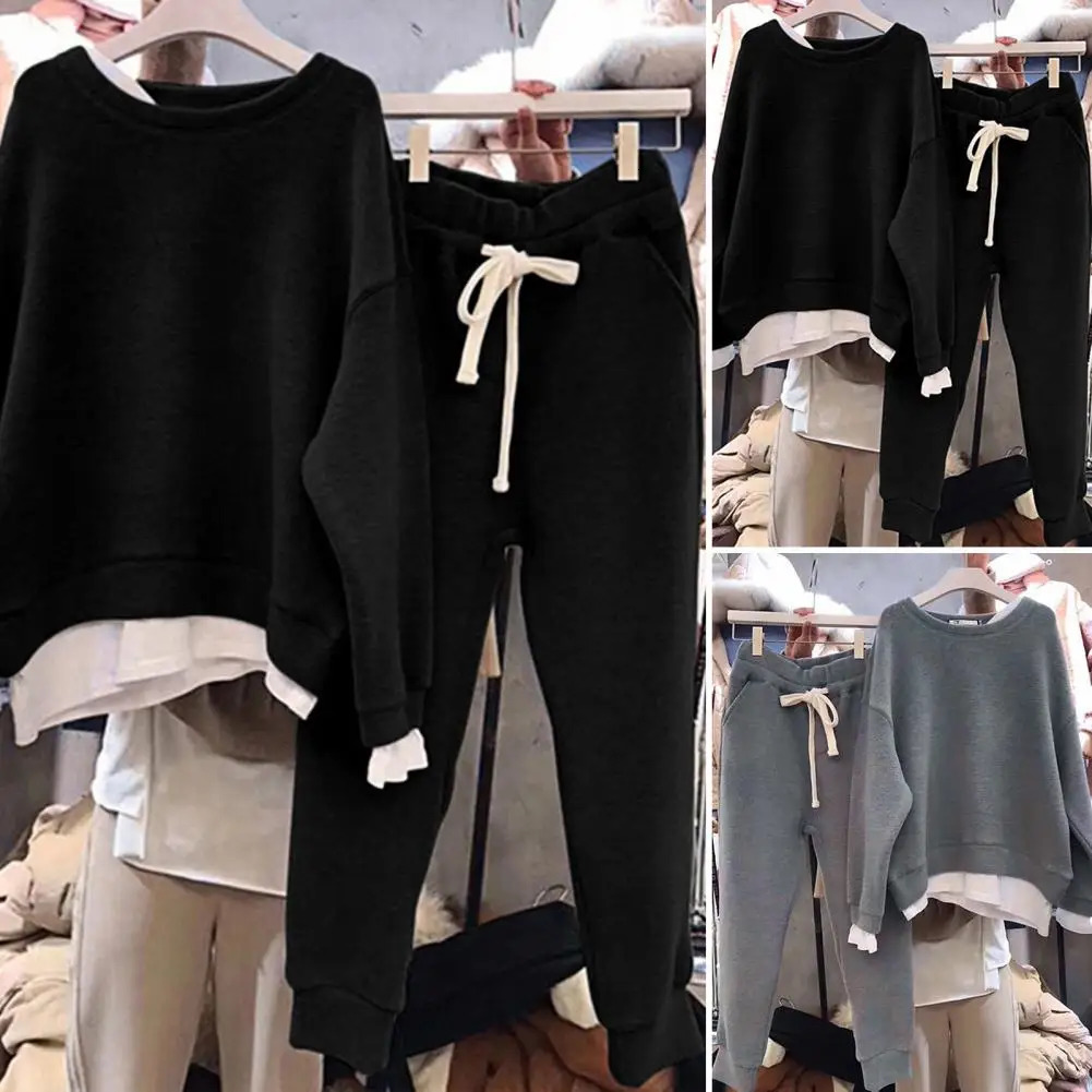 2 PcsSet Trendy Women Autumn Tracksuit Crew Neck Thermal Streetwear Casual 241203