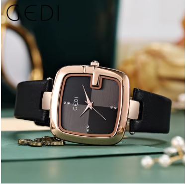 Fashin Gedi Brand Women Square Clock Minimalist Waterproof Quartz Ladies Clock Brown Leather Casual Simple Female Wrist Watches