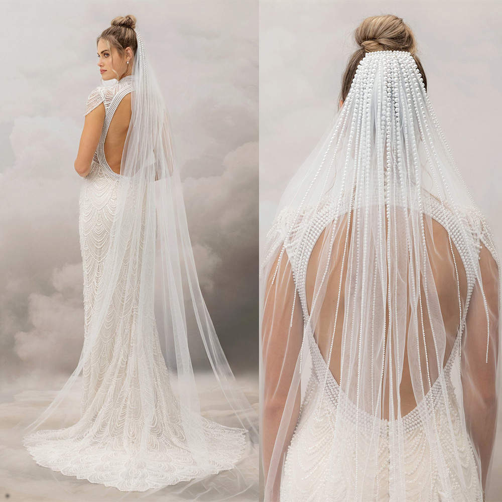 New Fashio Bridal Veils Long Wedding Veil With Pearls Waltz Length Cathedral Bride Comb Beaded For White Ivory Accessories Lace Appliques