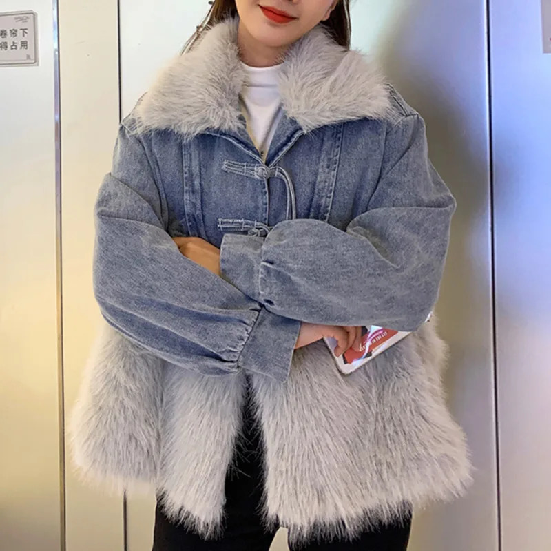 IEQJ Button Denim Jacket Plush Splicing Coat Big Fur Collar Thickened Casual Loose 2025 Winter Womens 3DM0011 241210