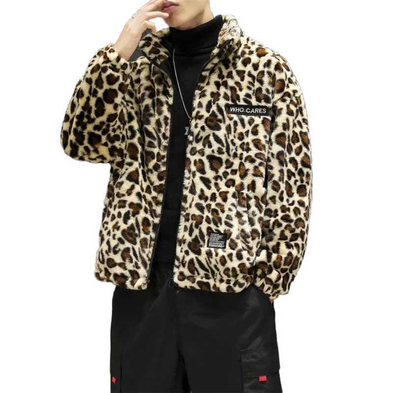 2022 Winter New Harajuku Leopard Artificial Fur Coat Plush and Thick Couple Loose Cotton Dress Fashion Trend W241213