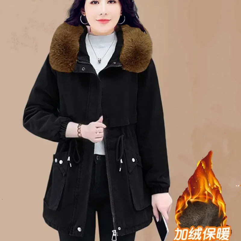 Womens detachable fur collar cotton lined coat 2024 womens large size 5XL Parkas medium long style inflatable jacket 241212