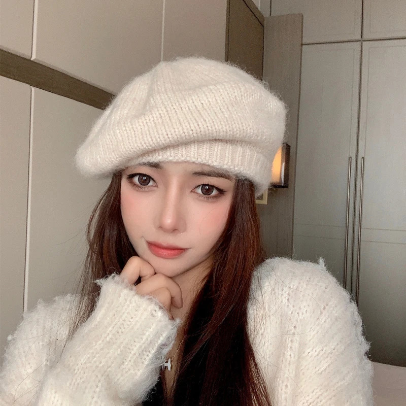 Solid Color Women Beret Hat Vintage Woolen Knitted Warm Beret Girl Ladies Autumn Winter Artist Painter Cap 241214