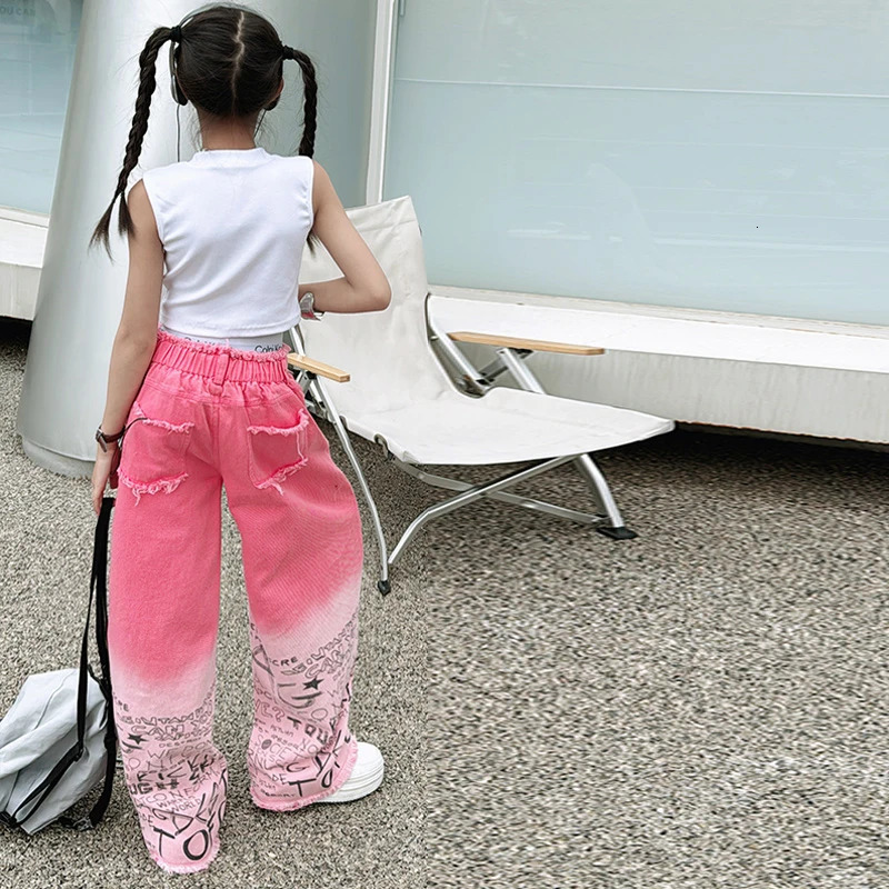 junior girls pink gradient color hole wide leg jeans cotton teenager kids Mop pants pant children trousers adolecentes 4 12 14 241213
