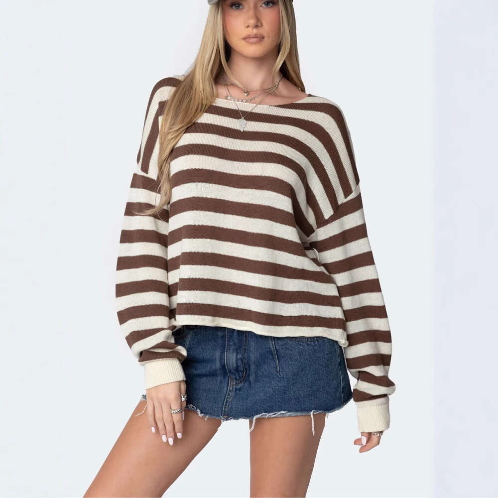 2025 European and American new knitted top women's casual loose striped long sleeved pullover sweater for women