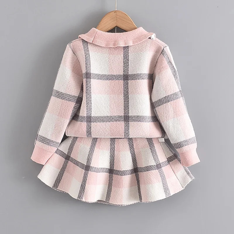 Bear Leader Winter Princess Outfits Girls Plaid Cute Clothing Sets Fashion Kids Baby Knitted Sweaters with Bow Ruffles Skirt 241213