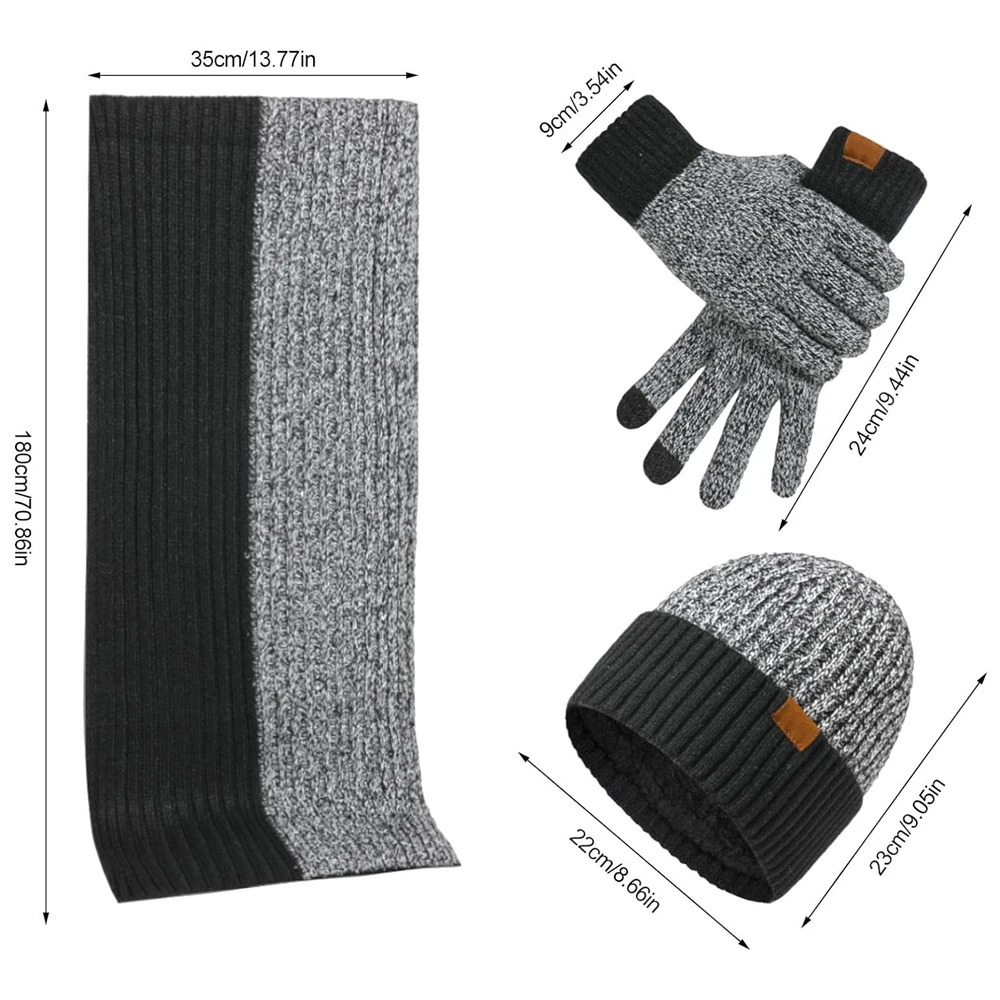 Warm Knitted Mens Scaves and Beanie Hat Gloves Set with Touchscreen Gloves Winter Thick Fleece Lined Neck Gaiter Cap Gloves 241213
