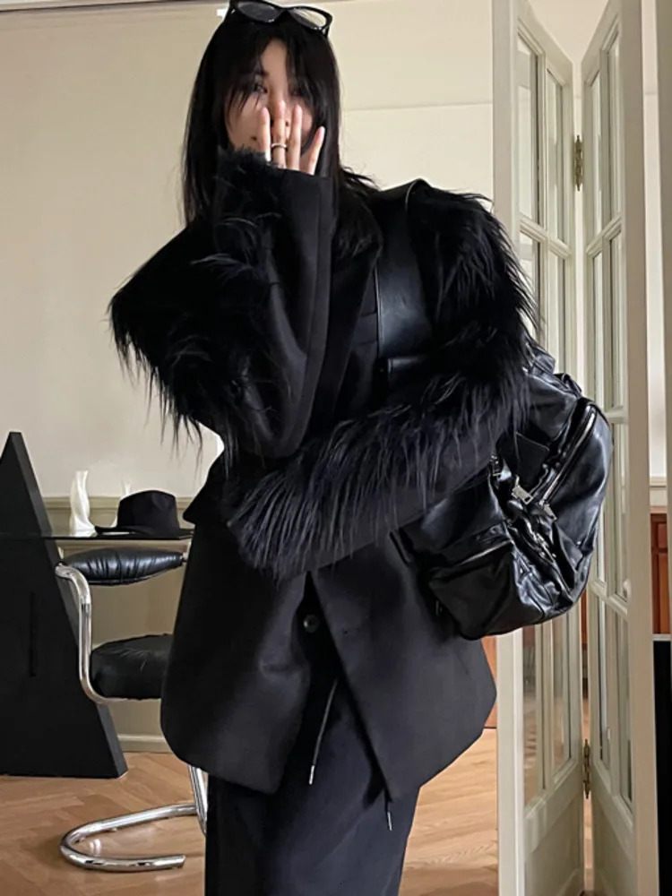 ZMEENNA Long Sleeve Patchwork Faux Fur Woolen Women Coat Autumn Winter Fashion Versatile Temperament ner Suit Jacket 241209