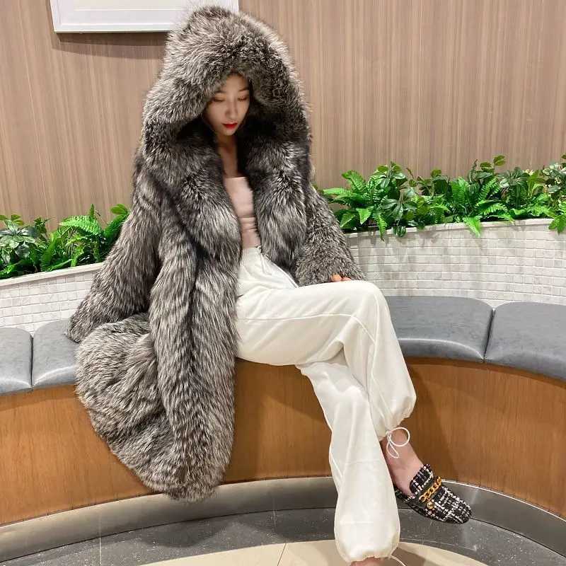 Womens fur coat imitates fox fur windproof cover long jacket for winter warmth and leisure W241213