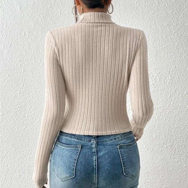 2023 Autumn New European and American Front Chest Hollow Bottom Shirt Women, High Collar Long Sleeve Slimming T-shirt for Women