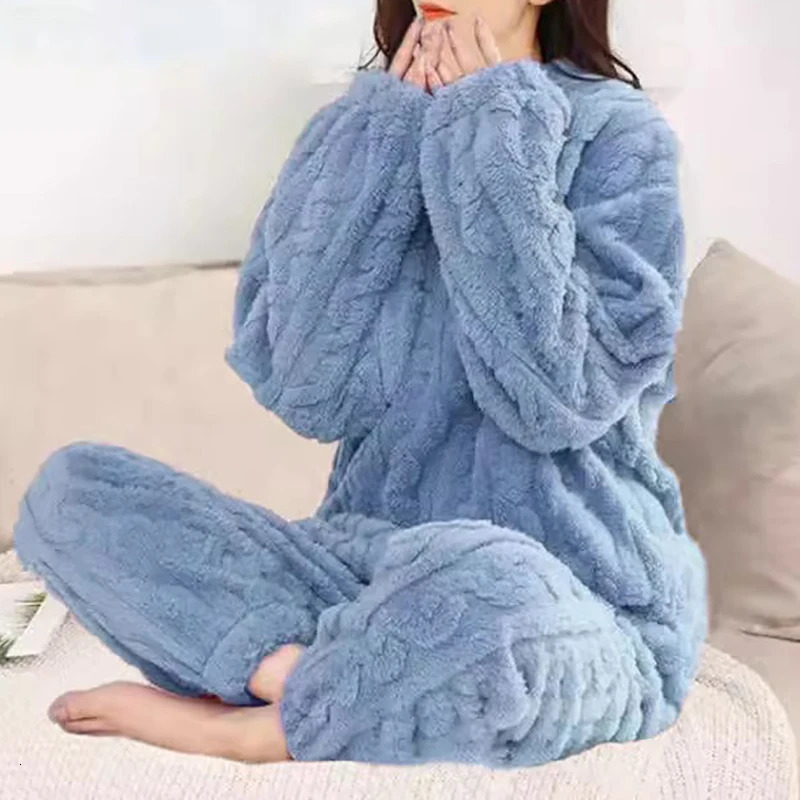 Womens Pajamas Set Winter Sleepwear Oneck Loose Long Sleeve Top Elastic Waist Leg Pant Sets Trousers Plus Size Matching 241203