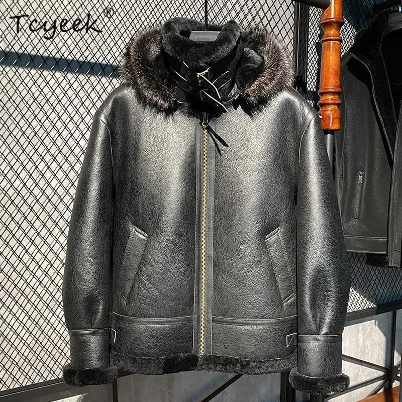 Tcyeek Real Sheepskin Fur Coat Mens Fashion Motorcycle Jacket Leather Jacket Winter Clothing Warm Mens Natural Fur Coat W241213