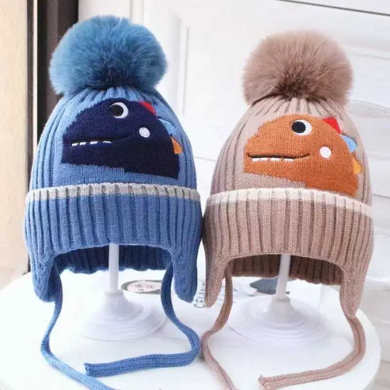 Winter Childrens Thick Knitted Hat Boys and Girls Cotton Hot Hat Dinosaur Children Ear Protection Bean Hat W241213