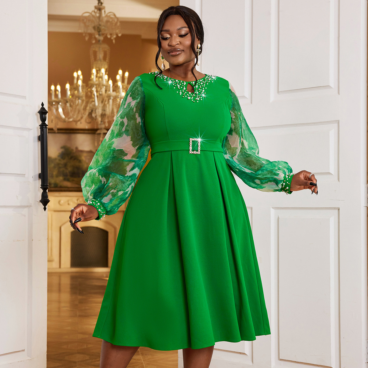 Bestselling Designer Lantern Long Sleeved Elegant Dress Party Nail Bead High Waist Plus Size Dress Dress
