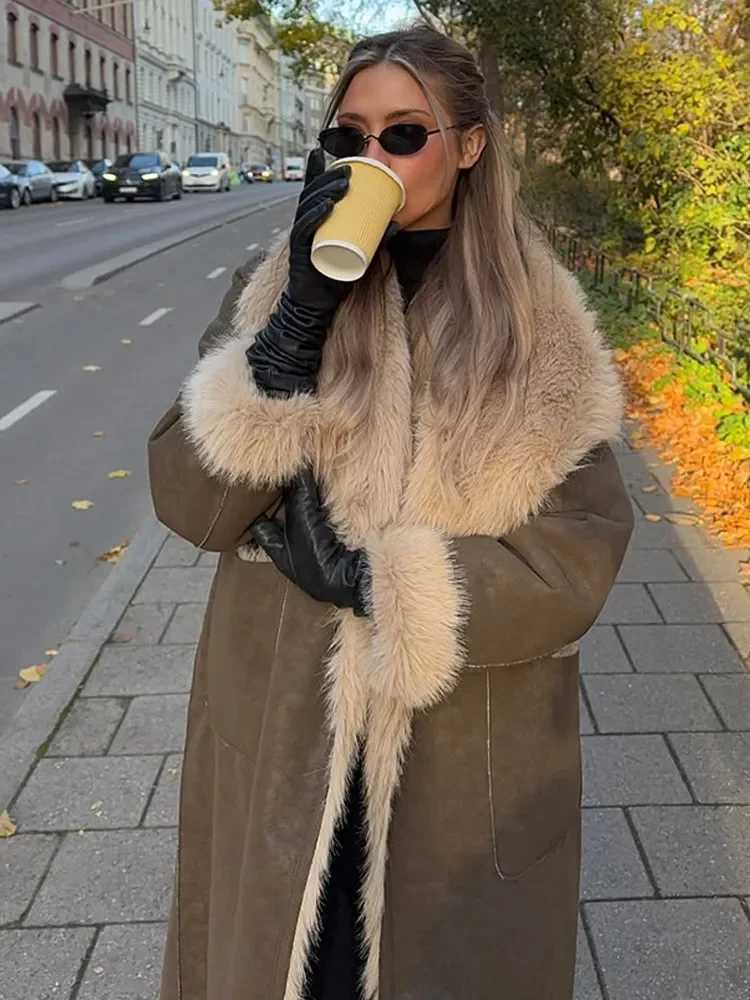 Soft Lapel Collar Warm Double Sided Wear Long Faux Fur Jacket Fashion One Buttons Pocket Overcoat New Winter Woman Commuter Wear X241214