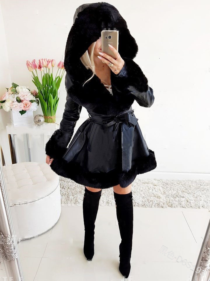 Lamusaa jacket womens y2k clothing artificial fur collar V-neck long sleeved PU leather coat with belt 2000s clothing jacket 240930