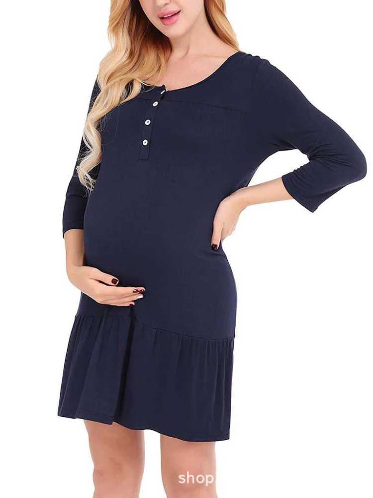 New Womens Pregnant Womens Solid Color Mid Length Dress Summer Round Neck 7/4 Sleeve Casual Breastfeeding Womens DressXJ241213