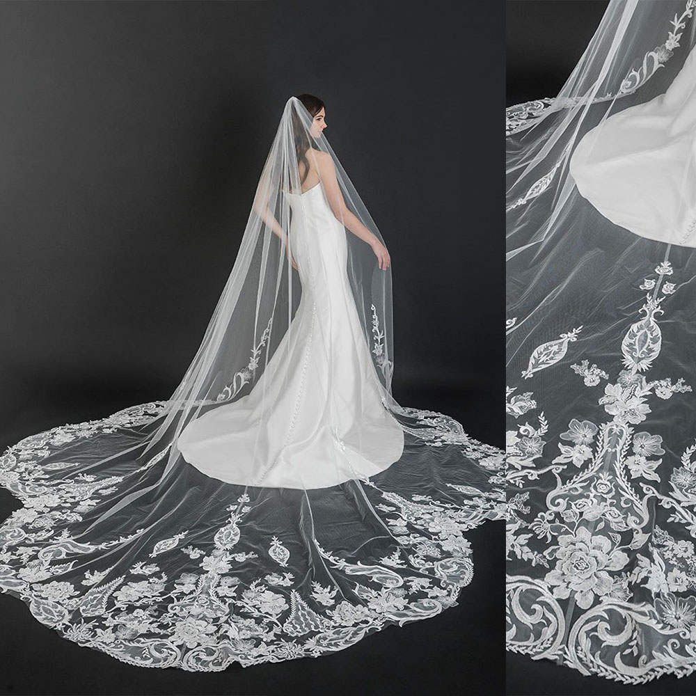 New Fashio BridalVeils Luxurious White Ivory Cathedral Long Voile Mariage Lace Tulle With Comb Bride Accessories Lace Appliques