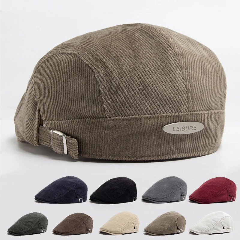 Mens Fashion Corduroy Beret Spring Autumn Thick Warm Womens Flat Hat Retro Casual s Neutral Front Back Wear 241210