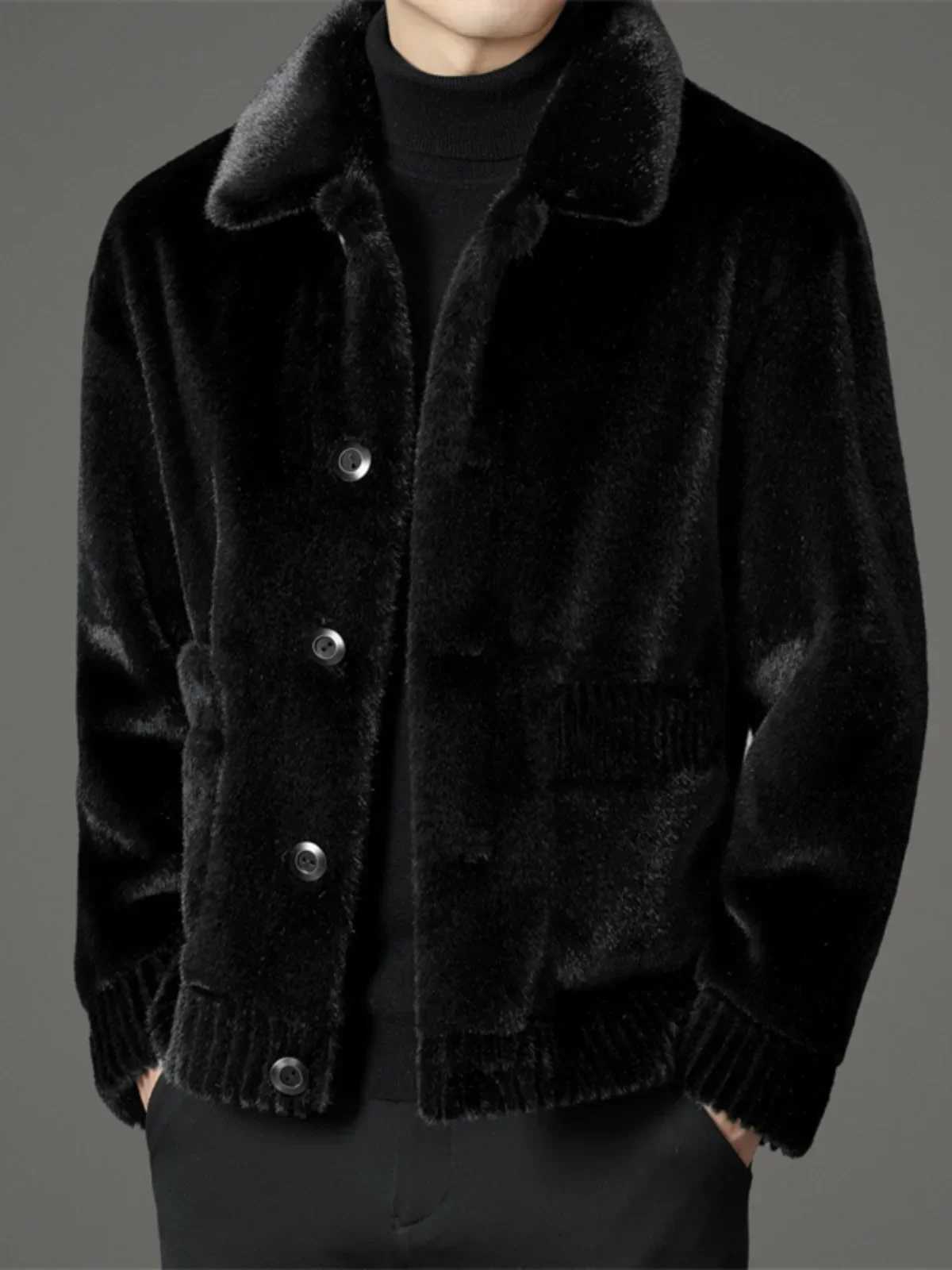 2024 mens winter fashion faux mink jacket mens collar thick coat mens long sleeved imitation fur coat G593 W241213