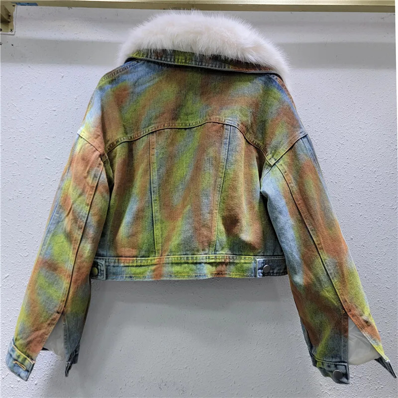 Fashion splicing large fur lapel long sleeved denim jacket womens winter thick zipper denim jacket autumn trendy 16O3165 241210