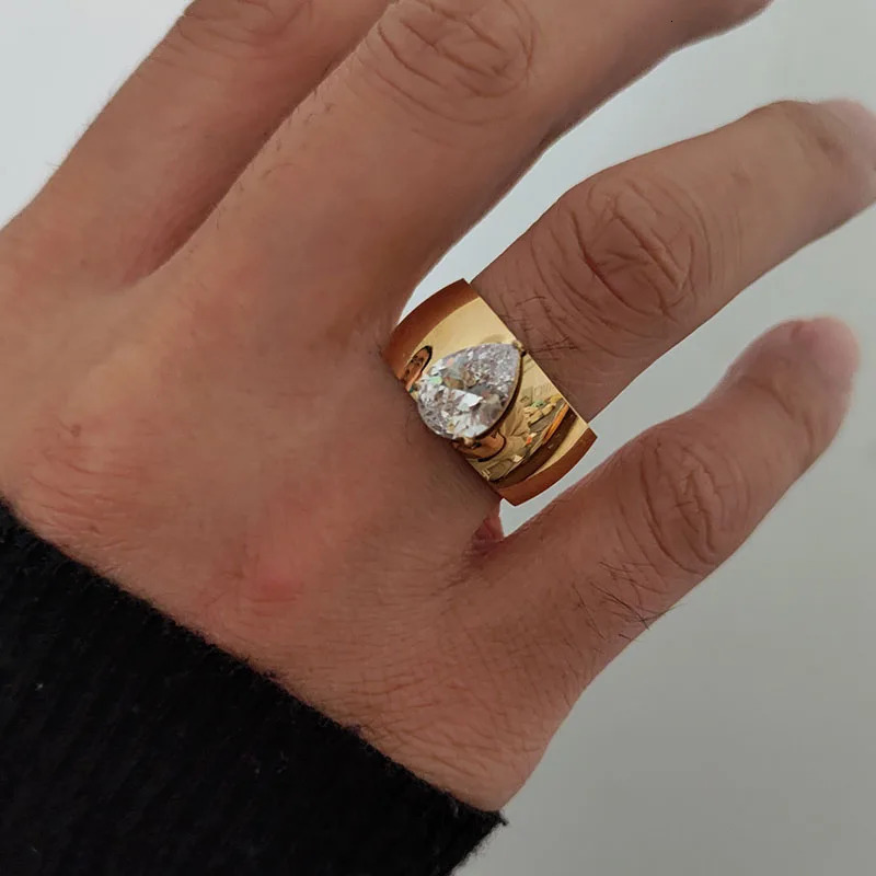 Waterdrop cz stone wide band rings stainless steel rings for women simple minimalist stainless steel jewelry waterproof 241214