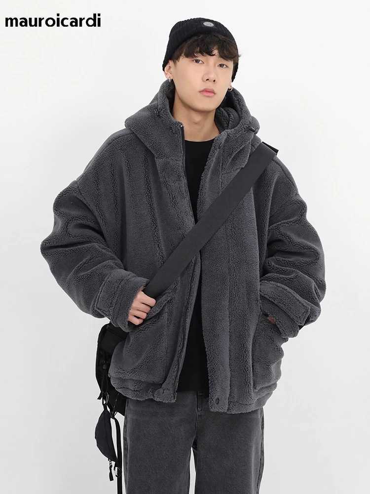 Mauroicardi Winter Thick Warm Dark Grey Sherpa Jacket Mens Hooded Zipper Fluffy Casual Sheepskin Coat 2022 W241213