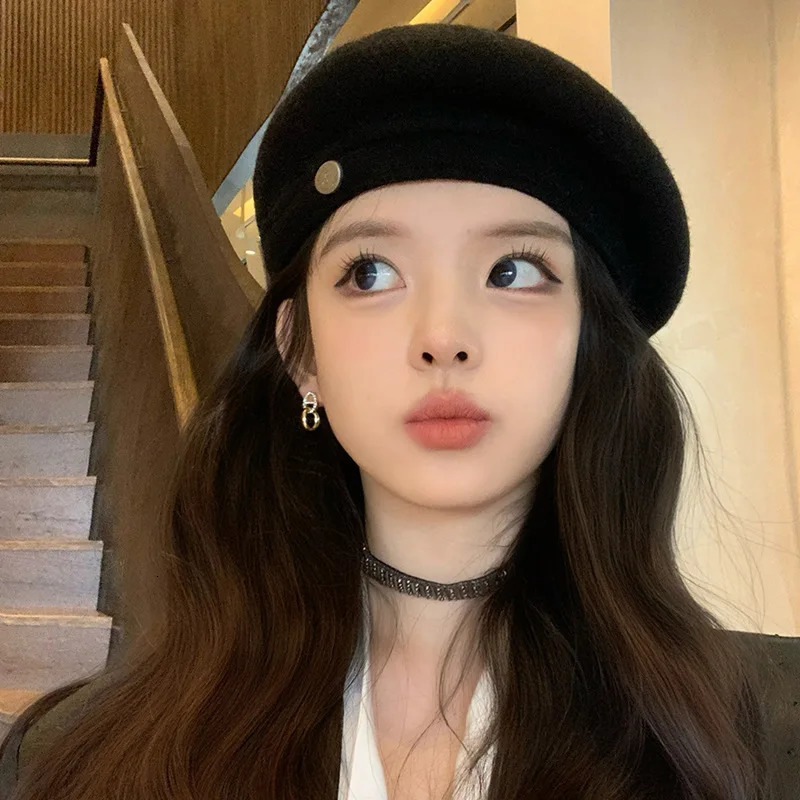 Grey wool beret womens autumn and winter trend artist hat with big head circumference small face warm versatile 241210