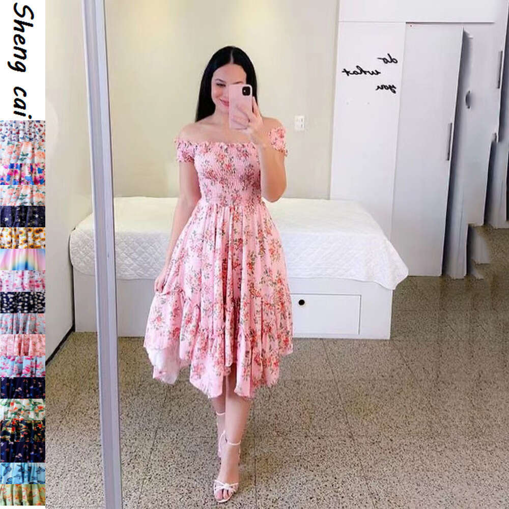 Cross Border One Collar Asymmetrical Off Shoulder Short Sleeved Digital Printed Dress From Europe And America