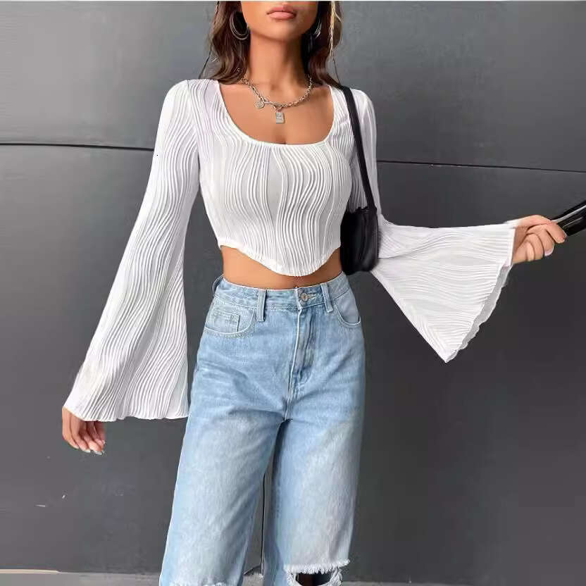 Women's 2024 Summer Thin U-neck Top with Water Wave Pattern, Slim Fit, Exposed Umbilical Speaker Long Sleeve T-shirt for Women