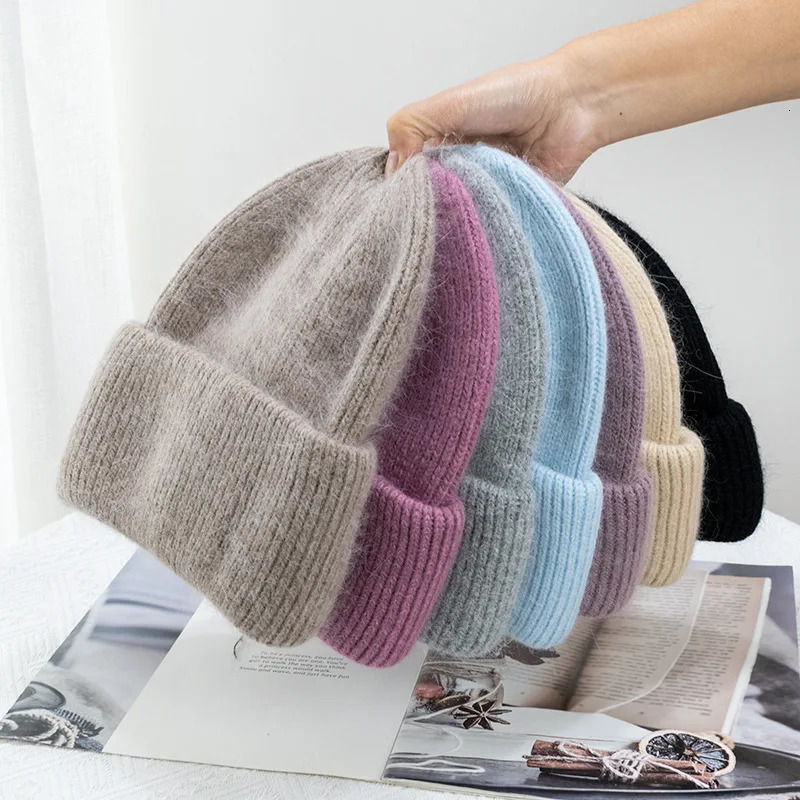 Fashionable and Warm Cashmere Wool Skulls Angora Rabbit Skin Winter Knitted Beanies Womens Hat Three Fold Skiing Outdoor Hat 241205