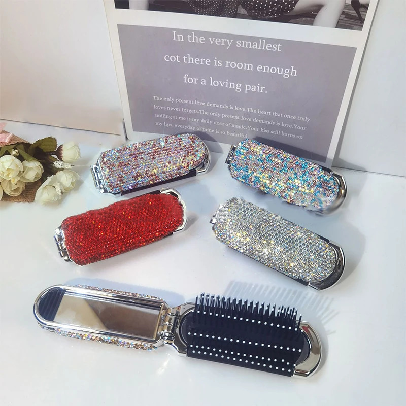Diamond Mini Portable Folding Comb Mirror 2in1 Bling Rhinestone Air Cushion Comb Cosmetic Travel Pocket Hair Brush Makeup Tool 241213