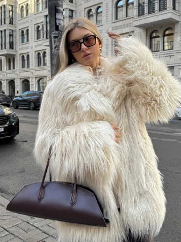 2024 Winter Warm Big Collar Fluffy Imitation Womens Fur Coat Elegant Long Sleeve Loose Solid Thick Jacket Womens New Coat X241214