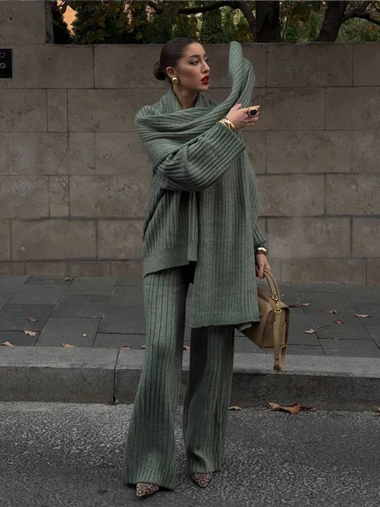 Casual Solid Knit Loose Wide Leg Pants Set Women Elegant Scarf Neck Basic Warm Sweater Suit Lady Chic Autumn Winter 2-piece Sets 241214