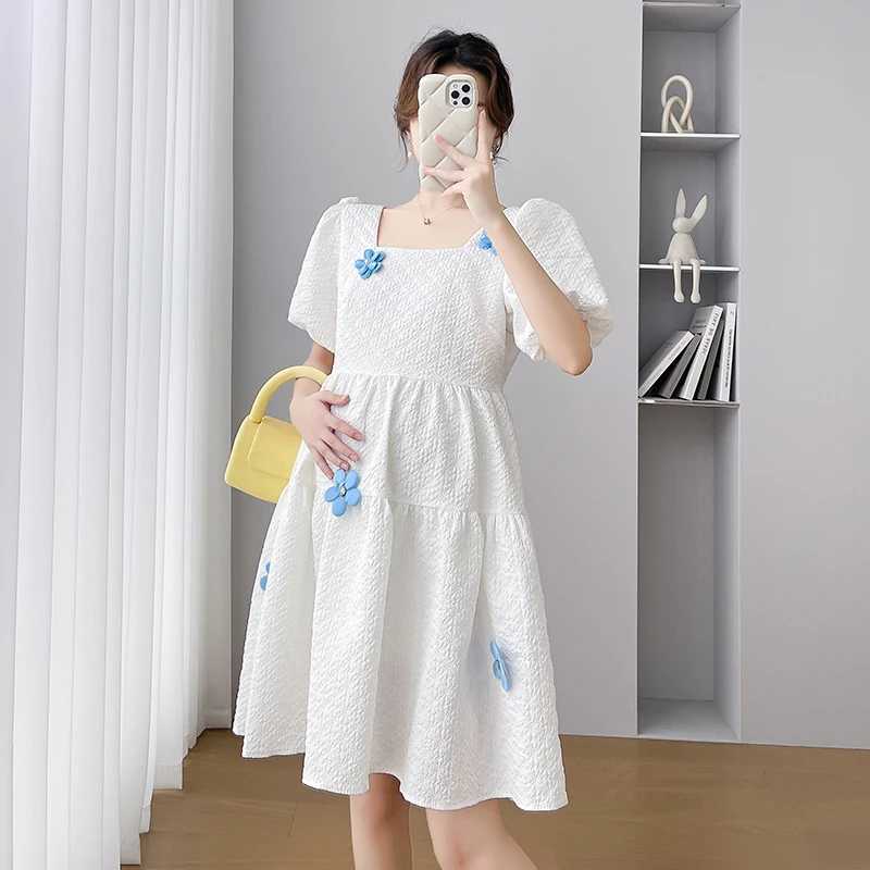 Korean Sle Materni Ball Gown Dress Sweet Puff Sleeve Square Collar Pregnant Womens A-Line Dress Pregnancy Par Dress CuteXJ241213