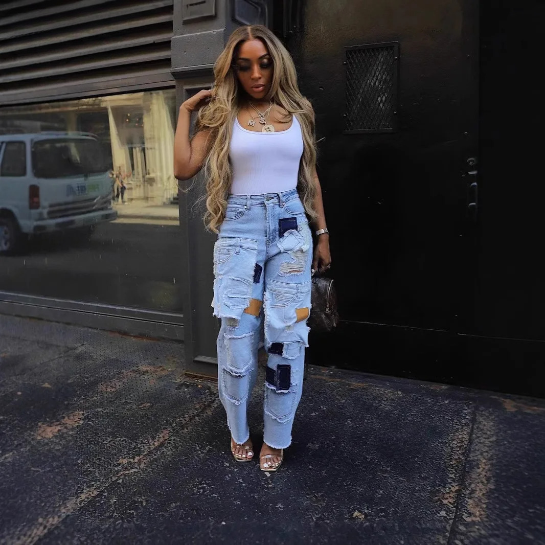 Women Streetwear Cargo Straight Denim Pocket Patchwork Wide Leg Jeans Pants Fall Fashion Ripped Out Party Trousers