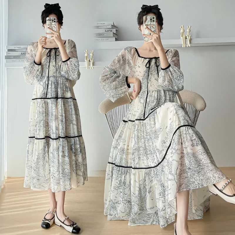 2024 Spring Autumn Materni A-line Dress Plus Size Shoulderless Pregnant Woman Chiffon Dress Vintage Printing Pregnancy DressesXJ241213