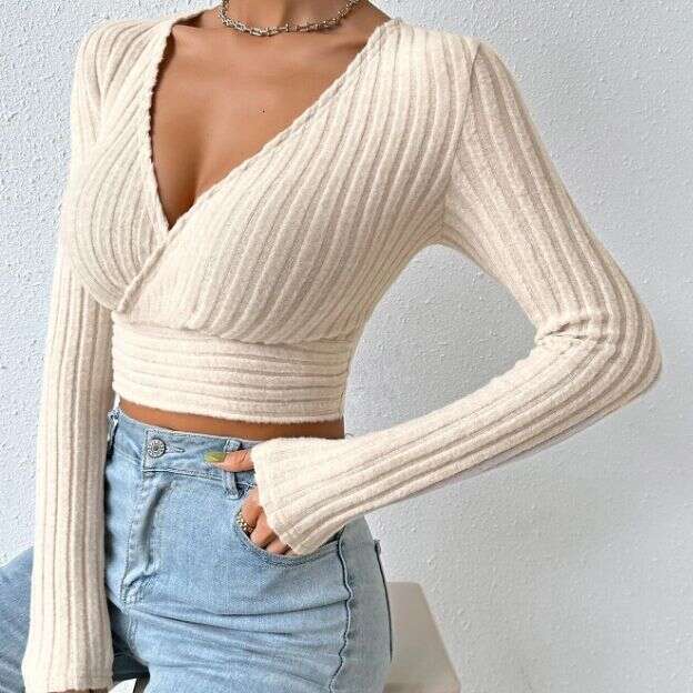European and American 2023 autumn new short style spicy girl deep V-neck slim fit sexy long sleeved T-shirt for women