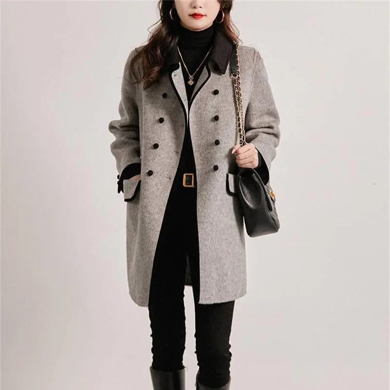 High Quality Woolen Coat Female Autumn Winter Fashion Korean Slim Casual Versatile Style Contrast Color Wool Overcoat Women 241214