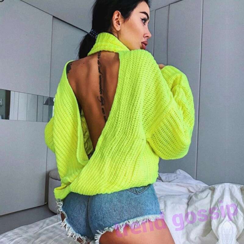 2024 European and American women's long sleeved sexy hot girl backless cross high neck outer knitted sweater top for women