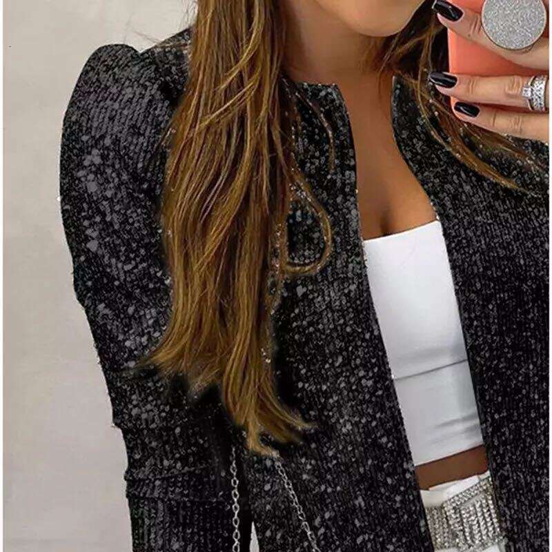 Spring New European And American Women's Fashion Stand Up Collar Color Blocked Glitter Short Casual Versatile Small Coat