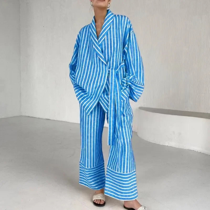 Autumn Casual Stripe Suits Elegant High Waist Wide Pants Set Fashion Lapel Long Sleeve Shirts Two Piece Set Women Outfit 241214