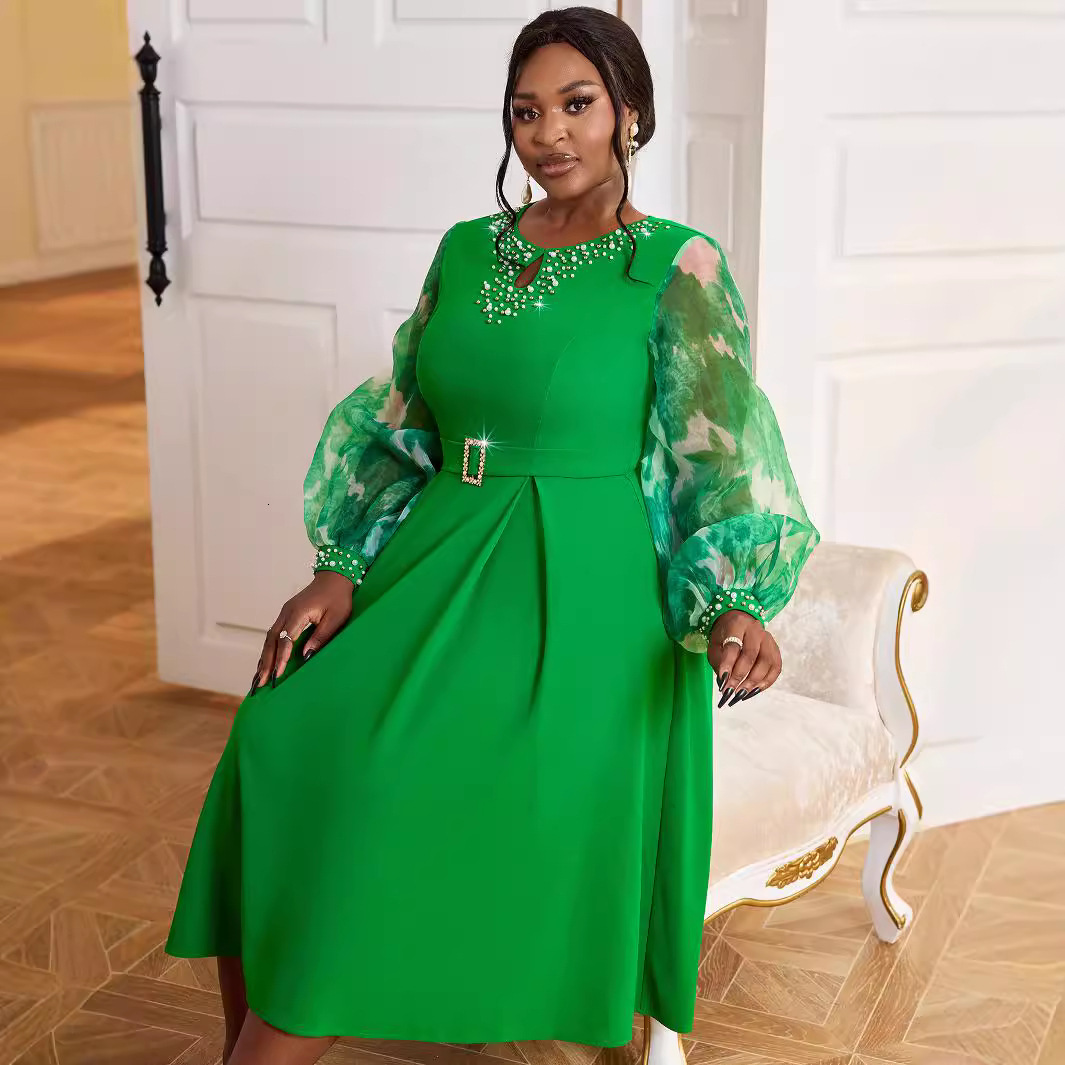 Bestselling Designer Lantern Long Sleeved Elegant Dress Party Nail Bead High Waist Plus Size Dress Dress