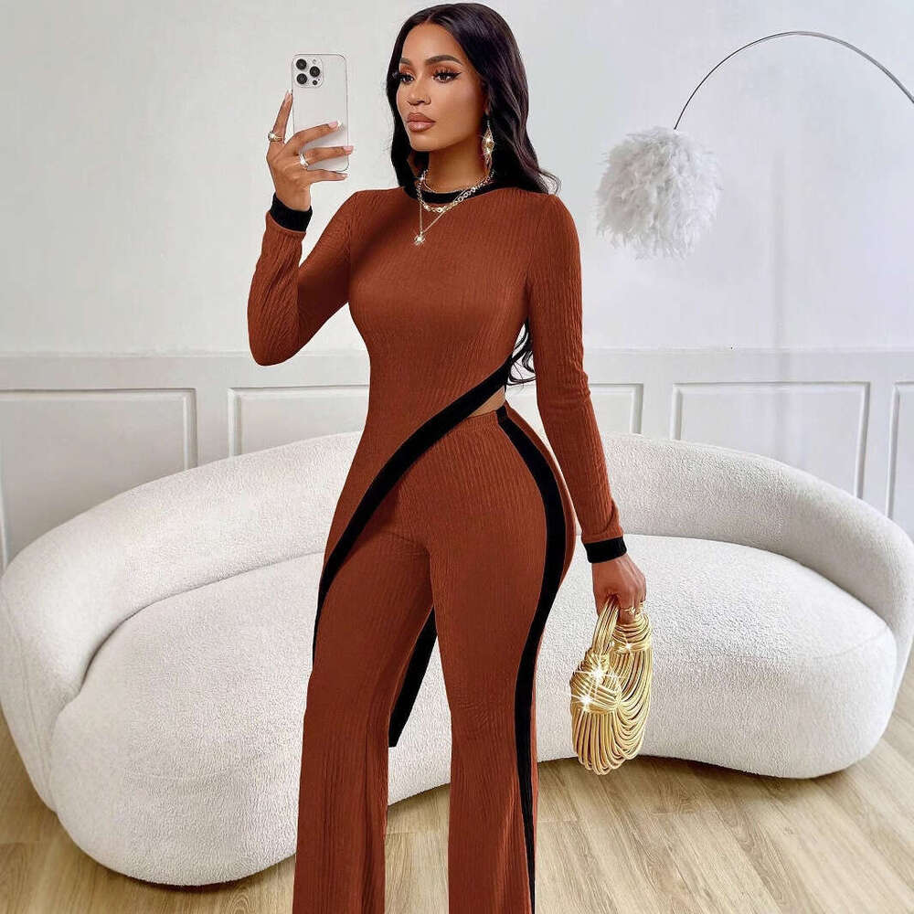 European and American 2024 autumn new women's fashion sleeved contrasting split T-shirt+spliced long pants for women