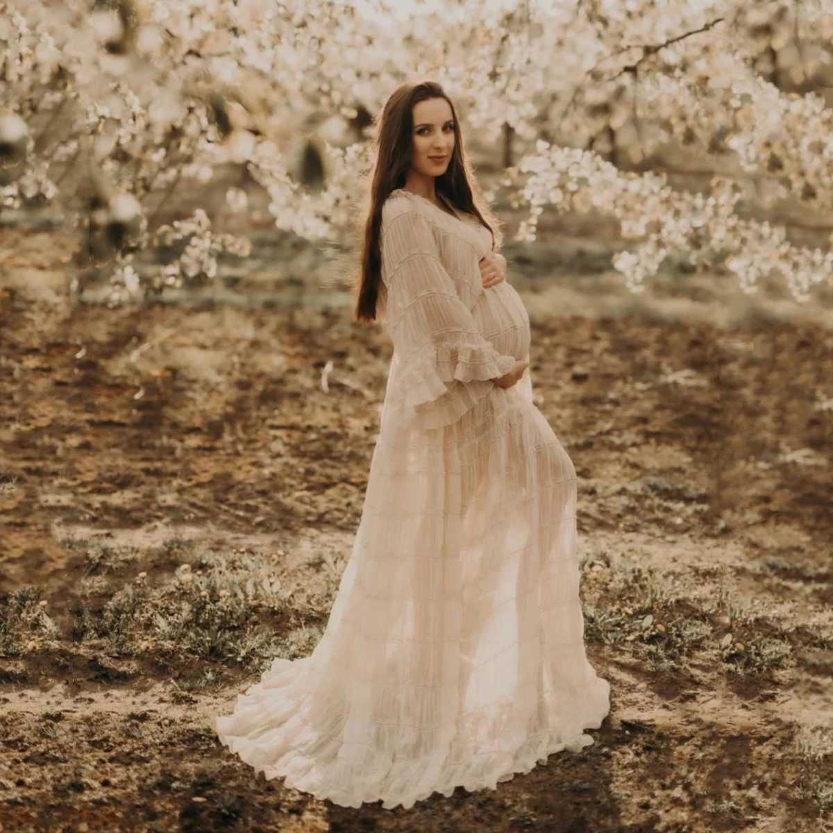 Boho Sle Pleat Materni Photo Shooting Dress Open Front Bohemian Long Dress For Pregnancy Photo ShootXJ241213